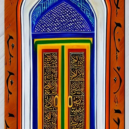 Prompt: door, arabian calligraphy, arabian art, oil painting , symmetrical