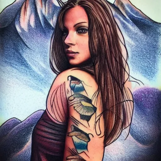 Image similar to tattoo design sketch of a beautiful girl next to a beautiful mountain scenery, hyper realistic