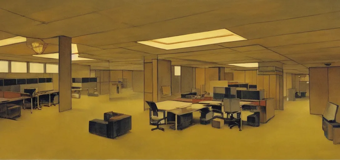 Prompt: Empty office Space with yellow wallpaper and LED Ceiling lights, painting by Frank Lloyd Wright