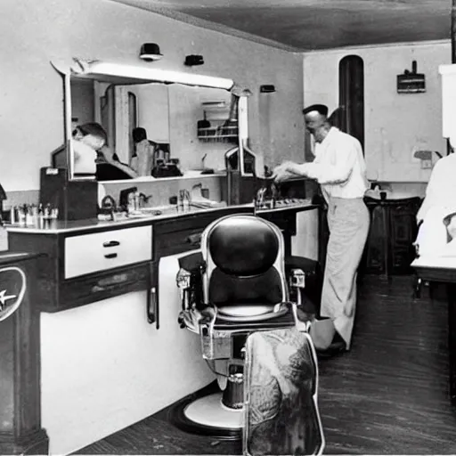 Prompt: a barber shop in the 1 9 5 0,