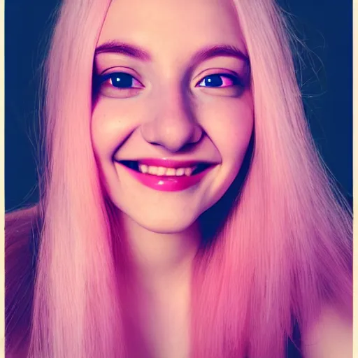 Image similar to beautiful hyperrealism selfie of a cute 3 d young woman smiling sofly, long light pink hair, flushed face, small heart - shaped face, amber eyes, golden hour, 8 k, instagram