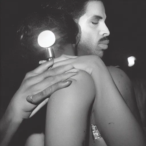 Prompt: a night - vision photo of prince kissing a woman in low light. it's so dark, you can barely make out their features.