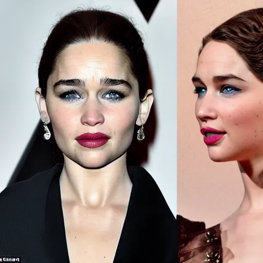 Image similar to a woman who is a genetic combination of 4 women : emilia clarke and jennifer lawrence and emily rudd and taylor swift, medium shot, detailed eyes,