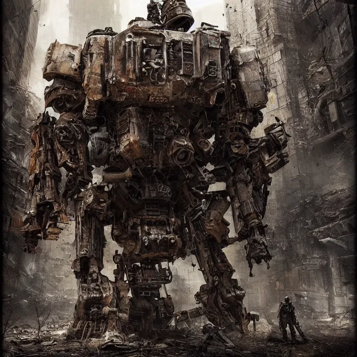 Image similar to gritty apocalyptic scene of human standing next to mech - warrior, hyper - detailed, sharp focus, 4 k ultra hd, fantasy dark art, apocalyptic art