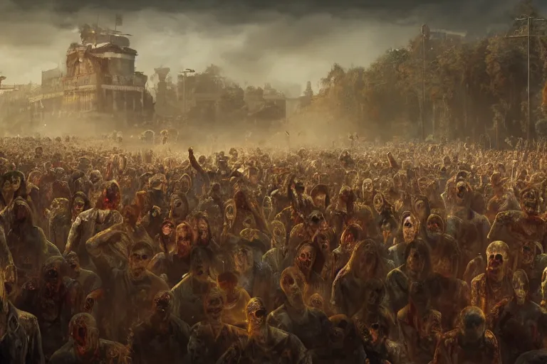 Image similar to a crowd of zombies watching a sports game, matte painting, long shot, concept art, wide shot, digital art, trending on artstation, 4 k, extremely detailed, realistic, midday, warm colors, golden sunlight, by greg rutkowski, cinematic, epic