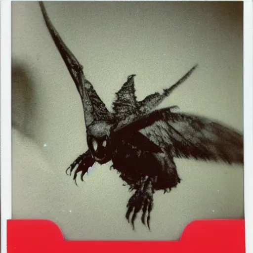 Prompt: Polaroid photo of Mothman flying, detailed, with red eyes, dark, brooding, scary