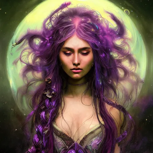 Image similar to epic portrait an nebulae goddess with flowing purple long hair and glowing purple eyes, sweaty skin, beautiful face, digital painting, artstation, concept art, soft light, hdri, smooth, sharp focus, illustration, fantasy, intricate, elegant, highly detailed, D&D, matte painting, in the style of Greg Rutkowski and Alphonse Mucha and artemisia, 8k, highly detailed, jurgens, rutkowski, bouguereau, pastoral, rustic, georgic, detailed concept art, illustration, colorful pastel, painting, detail, ultra detailed, digital art, 4K,