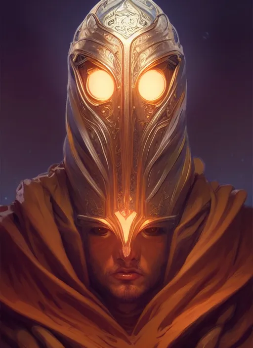 Image similar to symmetry!! portrait of male wizard wearing a hood, high fantasy, intricate, elegant, highly detailed, photorealistic, cinematic lighting, digital painting, artstation, concept art, smooth, sharp focus, illustration, art by artgerm and greg rutkowski and alphonse mucha,