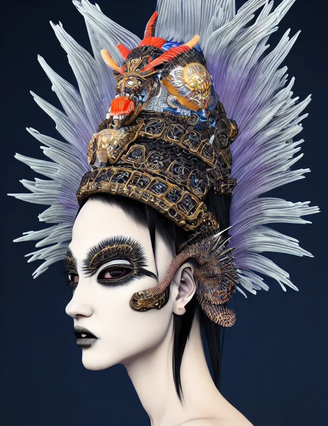 Image similar to 3 d goddess close - up profile portrait punk with mohawk with ram skull. beautiful intricately detailed japanese crow kitsune mask and clasical japanese kimono. betta fish, jellyfish phoenix, bio luminescent, plasma, ice, water, wind, creature, artwork by tooth wu and wlop and beeple and greg rutkowski