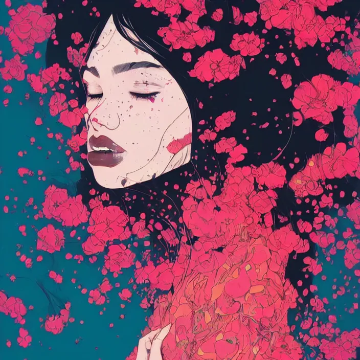 Image similar to candid portrait of very beautiful young filipino woman with narrow face, surrounded by dramatic swirling smoke and flowers, face partially obscured, dark background, by conrad roset, abstract, trending on artstation