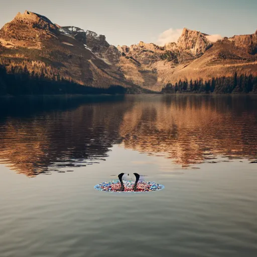 Image similar to photo of two black swans swimming in a beautiful reflective mountain lake, touching heads, forming a heart with their necks, a colorful hot air balloon is flying above the swans, hot air balloon, intricate, portrait, 8k highly professionally detailed, HDR, CGsociety, octane render, 4k