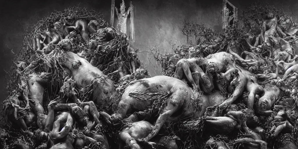 Image similar to a highly detailed realistic photographic render of swarm of corpses worshipping a severed head of a pig with crown of thorns , dead souls, religious sculpture, creepy, cinematic lighting, cinematic scene, Volumetric lighting, Atmospheric scene, Dark, Horror, Atmospheric lighting, Global illumination, realistic, photo realism, hyper realistic, hyper realism, photo realisitc, cinematic render, film, beautifully lit, ray traced, octane 3D render, octane render, unreal engine