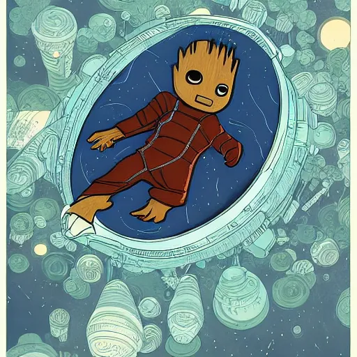 Prompt: baby groot lies completely flat in bed the space ship, by victo ngai