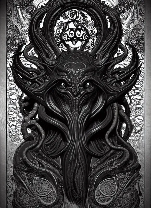 Prompt: an intricate detailed complex ebony alabaster sculpture of cthulhu with large emerald eyes, lovecraftian, contrast atmosphere, majestic, symmetrical face, artgerm, dark mist, portrait, detailed monochrome, feature on artstation hd, detalied complex of monster backlit illustration, character design art, border and embellishments dslr, hyperreal by alphonse mucha