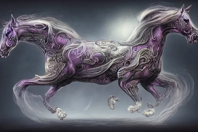 Image similar to a wlop 3 d render of very very very very highly detailed beautiful mystic portrait of a phantom undead horse with whirling galaxy around, tattoos by anton pieck, intricate, extremely detailed, digital painting, artstation, concept art, smooth, sharp focus, illustration, intimidating lighting, incredible art,