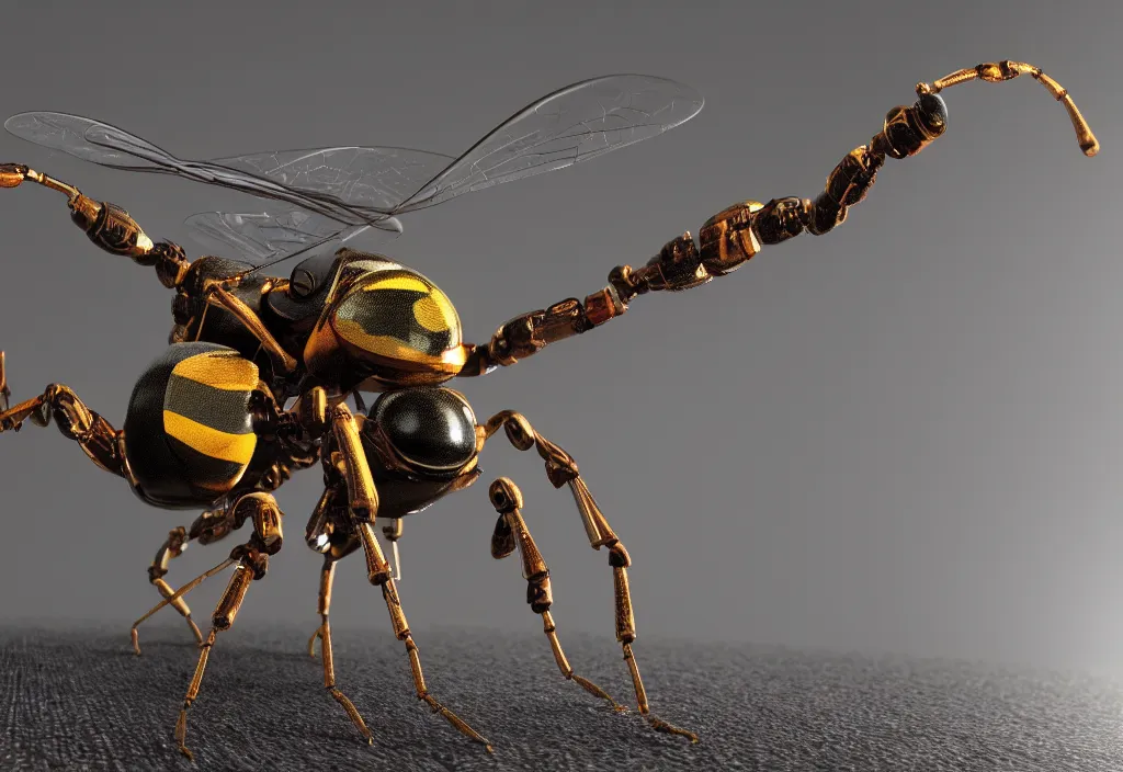 Prompt: a macro closeup of the full body of a single robotic wasp. photorealistic. octane render. highly detailed.