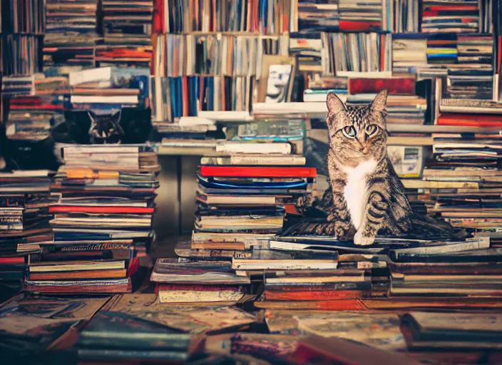 Image similar to photography of a Cat sitting on a pile of books and vinyls. a record player is in the shot. in a room full of vinyls and posters out of the 70's, photorealistic, raining award winning photo, 100mm, sharp, high res