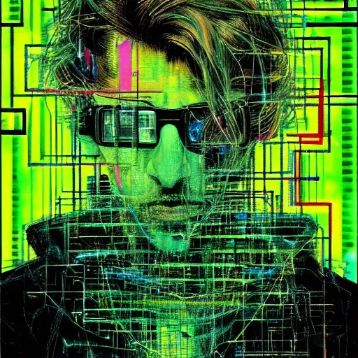 Image similar to hyperrealistic portrait of a cyberpunk man, teenager, long hair, immersed within a network, glitch eyes, by Guy Denning, Johannes Itten, Derek Gores, Russ Mills, glitch art, smooth lines, fine detail, polished, complex, hacking effects, holographic, digital tech effects, green, color blocking!, realistic, acrylic on canvas, concept art, abstract!, symmetrical, 8k, concept art, octane, photorealistic, cgsociety, trending on artstation