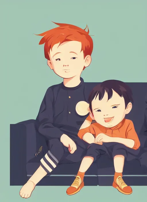 Image similar to two little boys sitting on a couch. a little blonde boy and a little ginger boy. clean cel shaded vector art. shutterstock. behance hd by lois van baarle, artgerm, helen huang, by makoto shinkai and ilya kuvshinov, rossdraws, illustration, art by ilya kuvshinov