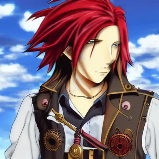 Image similar to male sky-pirate with long red hair in front of a steampunk airship, full metal alchemist, anime style