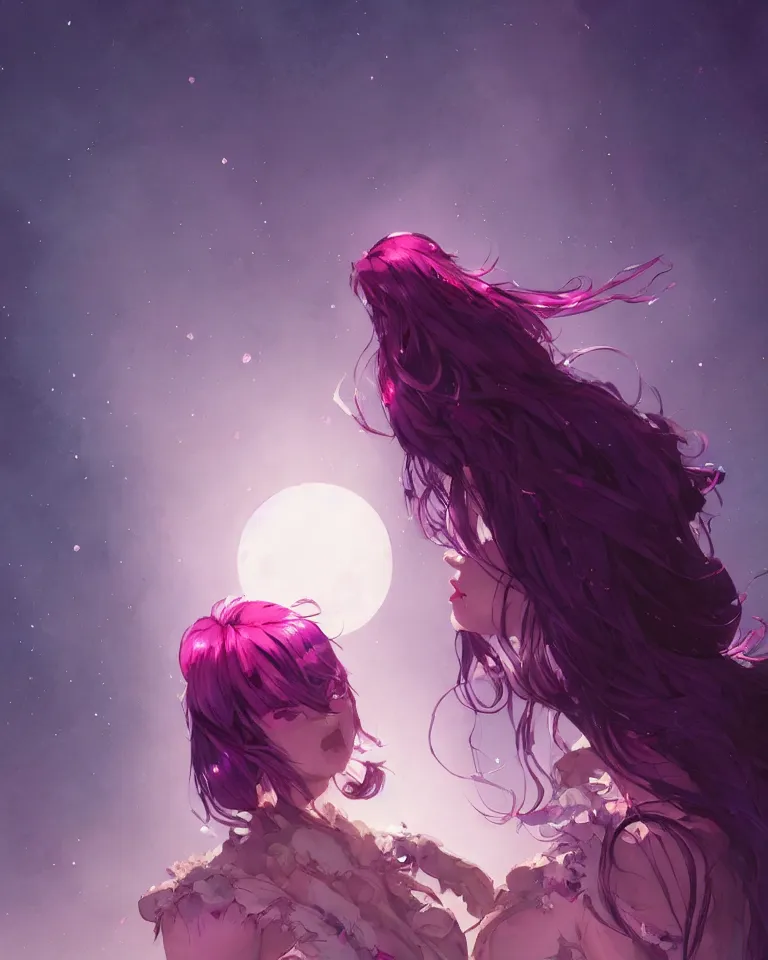 Image similar to A beautiful woman basking in the moonlight, with medium length magenta hair covering an eye, tall tree, large obsidian chunks, cinematic lighting, dramatic atmosphere, by Dustin Nguyen, Akihiko Yoshida, Greg Tocchini, Greg Rutkowski, Cliff Chiang, 4k resolution, trending on artstation