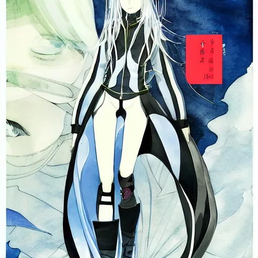 Prompt: a watercolour manga portrait illustration by sui ishida and alphons mucha of an anime girl big eyes wearing a futuristic pilot suit lots of zippers, pockets, synthetic materials, jumpsuits by issey miyake and balenciaga 8 k