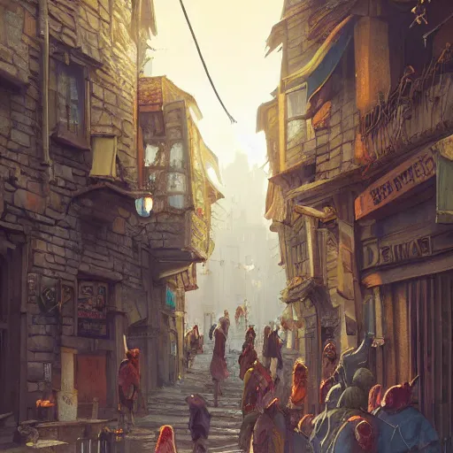 Prompt: a busy street within a fascinating old fantasy city, quirky shops, narrow streets, old buildings, old stone steps, street life, by Sylvain Sarrailh, cinematic, stunning composition, beautiful detailed digital painting, oil painting, dungeons and dragons, lord of the rings