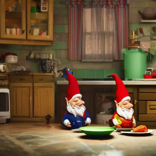 Image similar to a scandal in a gnome family, everyone breaks piles of dishes, hyperrealistic cinematic scene, expressive colors, octane render 8k