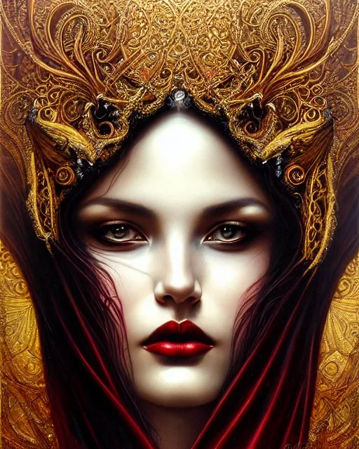 Image similar to portrait of a beautiful goddess, enigmatic beauty, dominant shades of black, gold silver, dark red, white, head in focus, fantasy art, ornamental aesthetics, intricate, elegant, highly detailed, hyperrealistic, artstation, concept art, soft illumination, painterly, sharp focus, by karol bak