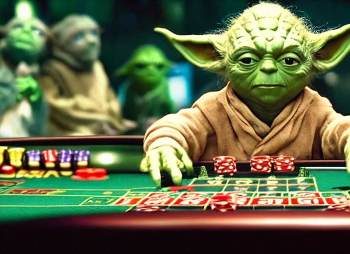 Image similar to film still of yoda gambling in Vegas in the new Star Wars movie, 4k