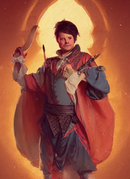 Image similar to illustration of michael j fox as a bard dressed in renaissance clothing with a goatee, by greg rutkowski artstation