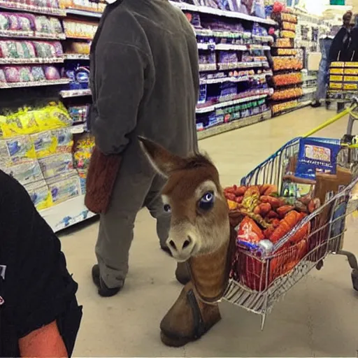 Image similar to “donkey from shrek waiting in line at Walmart”