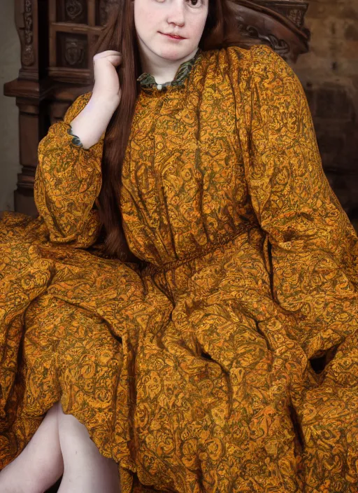 Image similar to preraphaelite photography reclining on bed, big brown fringe, yellow ochre ornate medieval dress, william morris, 4 k