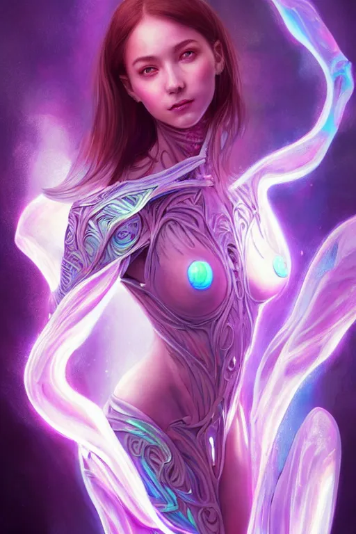 Image similar to a photographic portrait of an attractive young girl, partially clothed in ethereal armor, surrounded by colorful transparent plasma, emitting psychic powers, beautiful bone structure, perfectly proportioned face, perfect eyes, intricate, elegant, highly detailed, hyper detailed, trending on tumblr, by artgerm, by loish, fantasy scene, fantasy aesthetic, trending on Artstation