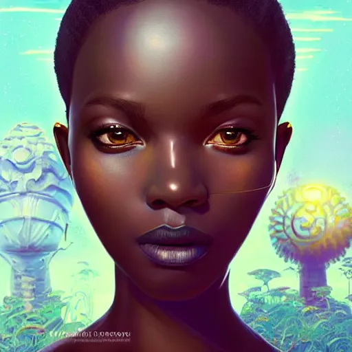 Image similar to african hydropunk princess, science fiction, highly detailed, digital painting, beautiful eyes, symmetry, concept art, sharp focus, illustration, global illumination, radiant light, synthwave colors, detailed and intricate environment, art by artgerm and greg rutkowski and magali villeneuve and ilya kuvshinov!