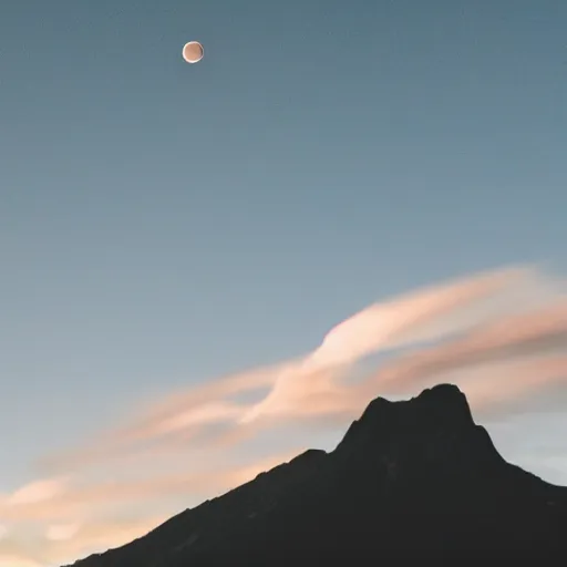 Prompt: a black dot in the sky stretching out a mountain, dark lighting, landscape