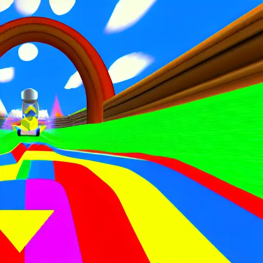 Prompt: thor on rainbow road, mario kart 6 4 screenshot, low poly, aliased