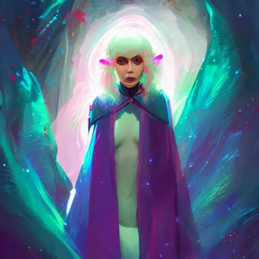 Image similar to a nonbinary changeling wearing a starry cloak, aurora colored hair, starry eyes, curious expression, character art, full body art, people watching, trending on artstation, artgerm, 4k ultra hd, sharp focus, digital art by Ilya Kuvshinov and Ross Tran,