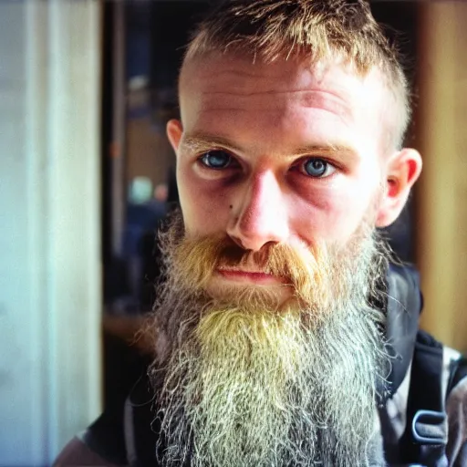 Image similar to far view, in british museum, extremely skinny malnourished redneck white male with long beard, wearing dirty overalls, dirty greasy face, grin, portrait, close up, kodak gold 2 0 0, 5 0 mm,