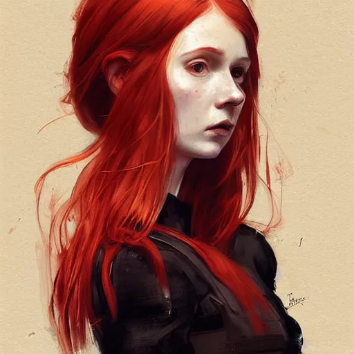 Prompt: portrait of redhead woman by Greg Rutkowski, who looks like a mixture between Karen Gillan, Thomasin McKenzie and young Bryce Dallas Howard wearing red and black utilitarian jumpsuit, scifi, highly detailed portrait, digital painting, artstation, concept art, smooth, sharp foccus ilustration, Artstation HQ