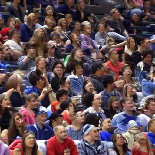Prompt: audience at baseketball game looks upset, pointing, covering mouth