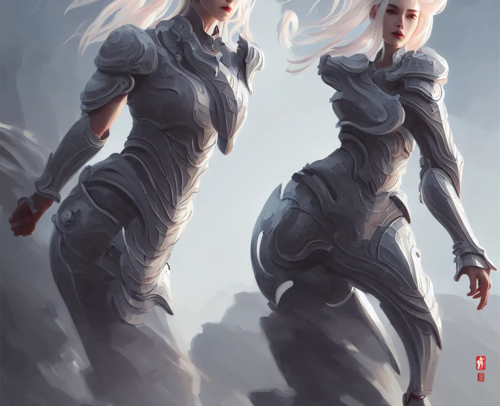 Prompt: portrait full body hero action pose of futuristic light grey color hair female knights of zodiac, abstract chinese dragon concept art, temple background, d & d, highly detailed, digital painting, artstation, sharp focus, illustration, art by tan zi and ayanamikodon and alphonse mucha and wlop