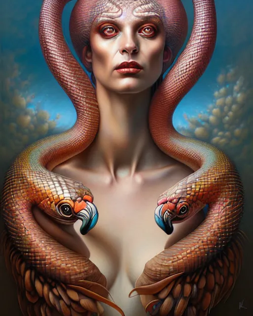 Image similar to a detailed portrait of dreampunk flamingo python hybrid mix goddess by tomasz alen kopera and peter mohrbacher