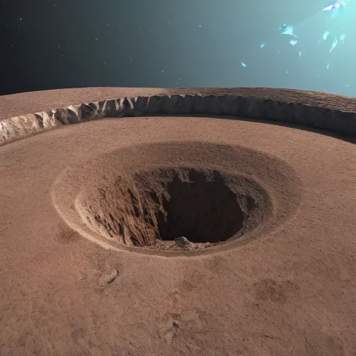 Image similar to octane render, texture, top down of a crater on the planet, cinematic lighting, hyperrealistic