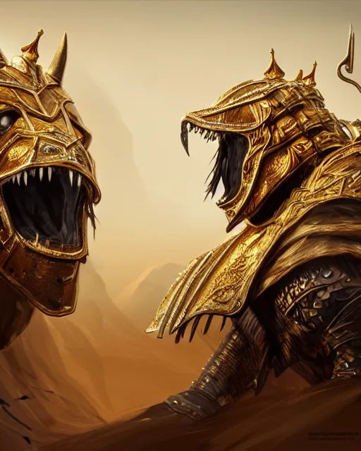 Image similar to hyper realistic side view painting of the king of the desert, angry, gold armour, sword, dramatic lighting, intricate, wild, highly detailed, digital painting, artstation, concept art, smooth, sharp focus, illustration