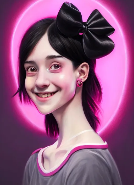 Image similar to portrait of high school girl, realistic, black hair, bangs, half updo hairstyle, pointy nose, skinny, smile, ugly, defined jawline, big chin, pink hair bow, earrings, intricate, elegant, glowing lights, highly detailed, digital painting, artstation, sharp focus, illustration, art by wlop, mars ravelo and greg rutkowski