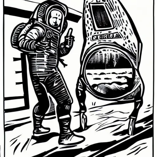 Image similar to A Man in a Spacesuit delivers pizza to a Woman’s home on the Moon, unique, very detailed, retro, sci-fi, pop art