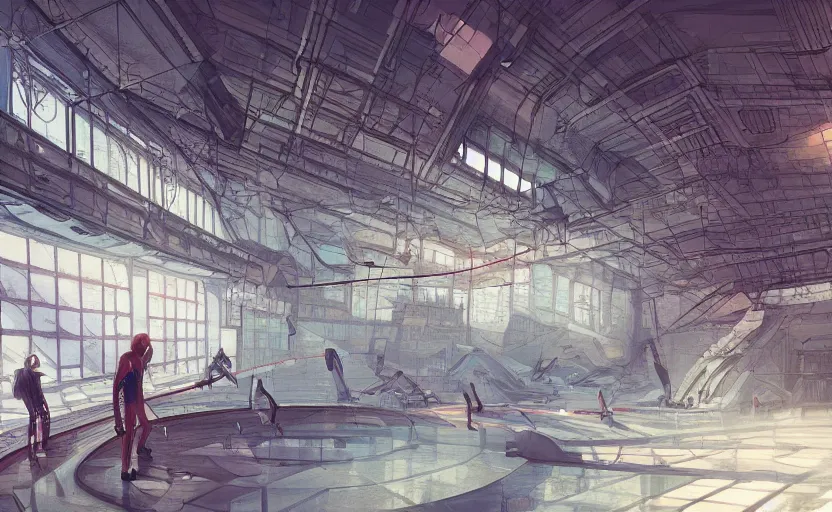 Image similar to gymnasium, indoor, cyberpunk, highly detailed, digital painting, architecture, artstation, concept art, sharp focus, illustration