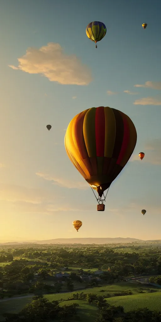 Prompt: elevated view of hot air balloon in flight, rule of thirds, rural setting in distance, sunset, golden hour, Photorealistic, establishing shot, cinematic lighting, , dramatic lighting, atmospheric, realistic, octane render, highly detailed, color graded, matte painting in the style of craig mullins