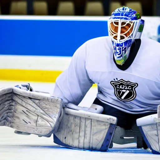 Prompt: ice hockey goalie with a broken stick